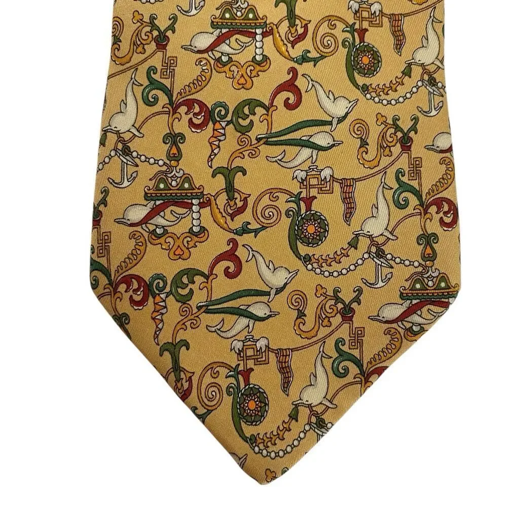 Salvatore Ferragamo Tie Mens 100% Silk Dolphins & Anchors Made in Italy Novelty